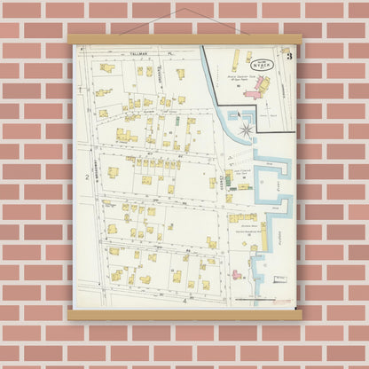 Old map wall art mockup — magnetic wood frame on brick wall — Sanborn Fire Insurance Map from Nyack, Rockland County, New York. (1896), Sheet #0003