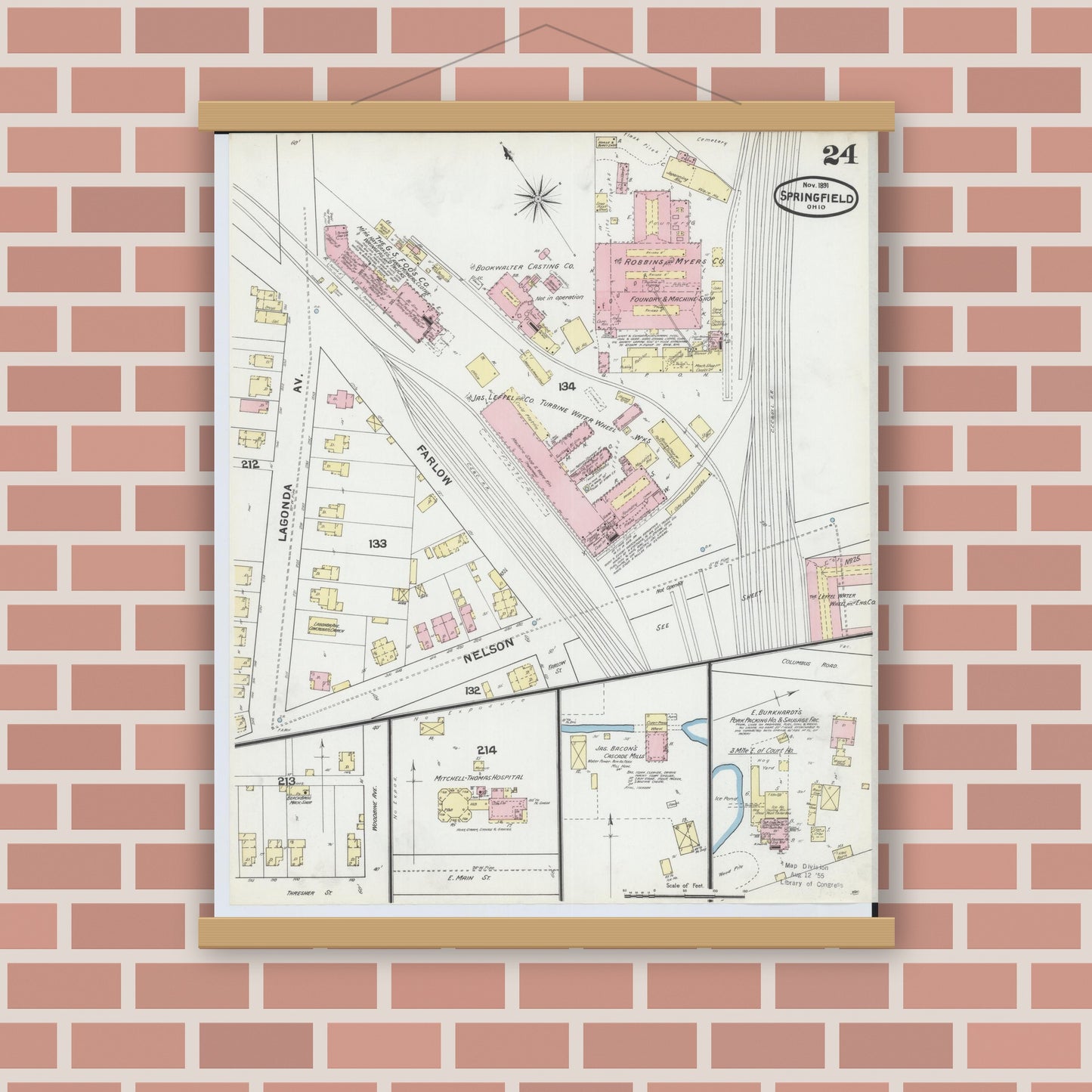 Old map wall art mockup — magnetic wood frame on brick wall — Sanborn Fire Insurance Map from Springfield, Clark County, Ohio (1891), Sheet #0024