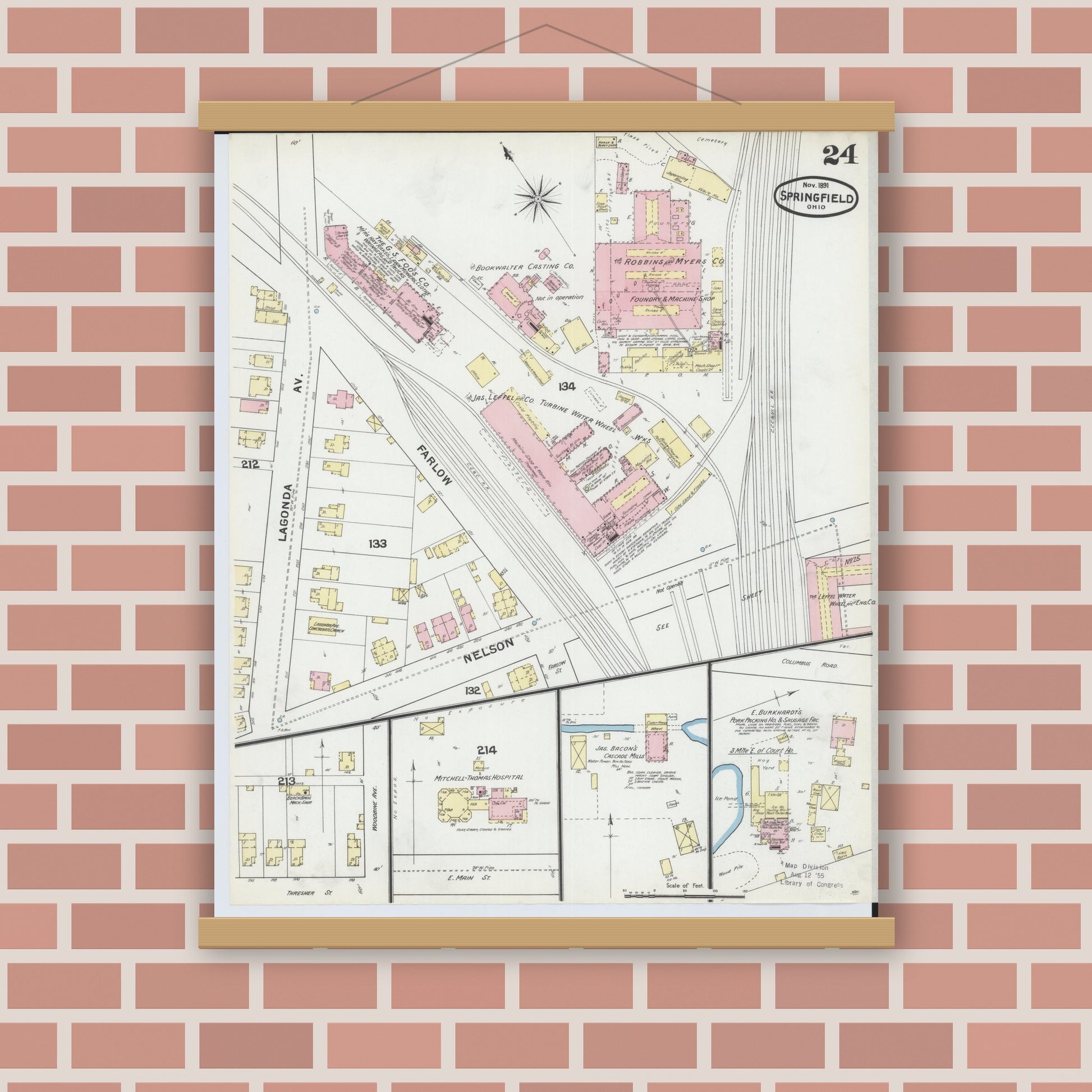 Old map wall art mockup — magnetic wood frame on brick wall — Sanborn Fire Insurance Map from Springfield, Clark County, Ohio (1891), Sheet #0024