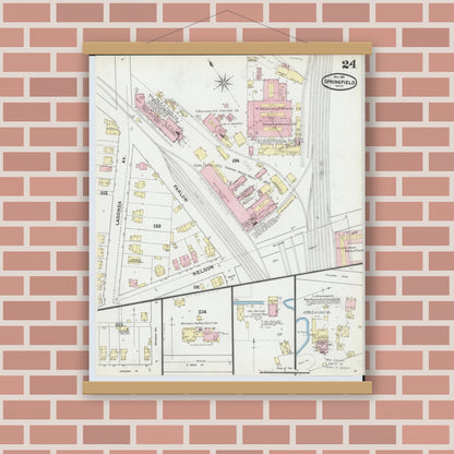 Old map wall art mockup — magnetic wood frame on brick wall — Sanborn Fire Insurance Map from Springfield, Clark County, Ohio (1891), Sheet #0024