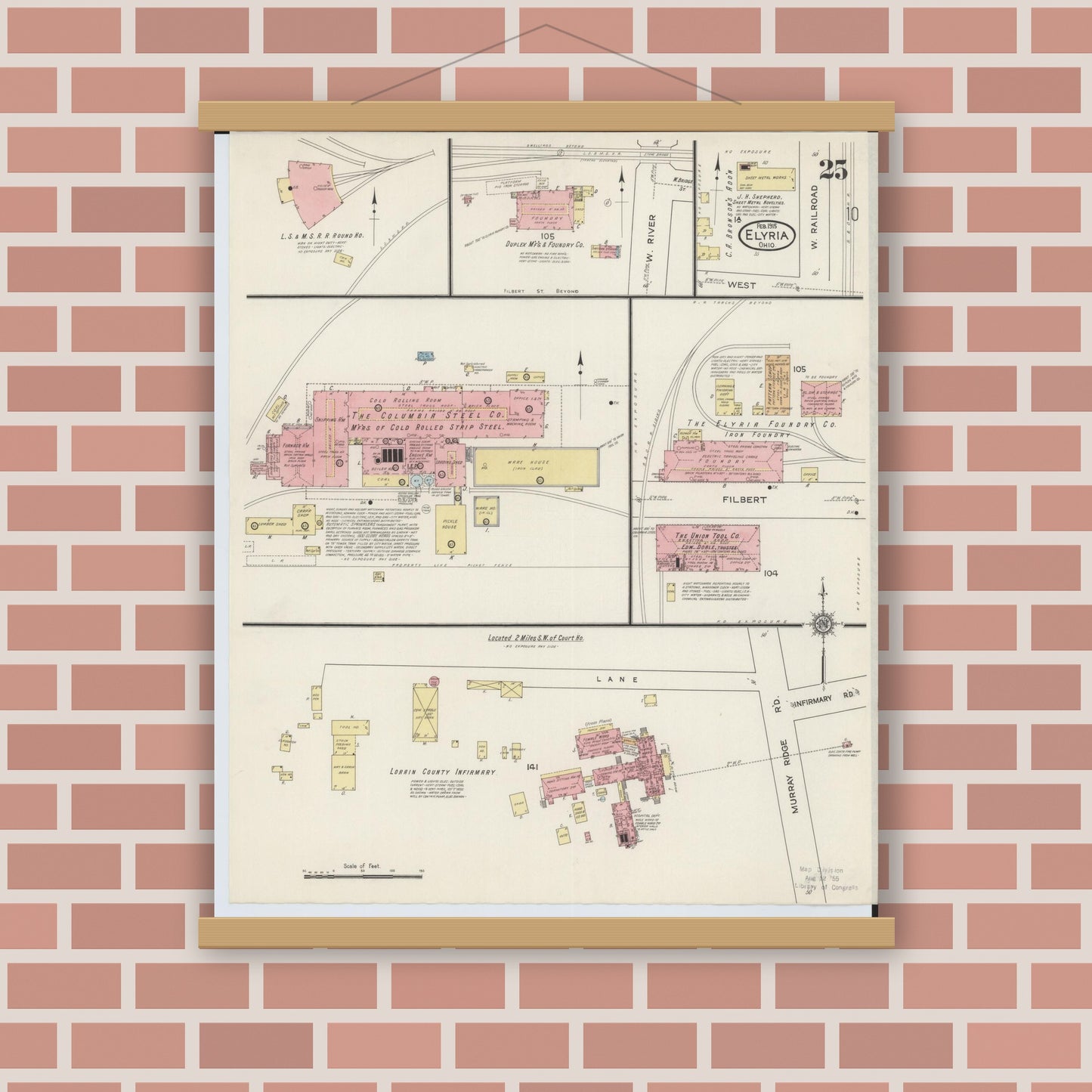 Old map wall art mockup — magnetic wood frame on brick wall — Sanborn Fire Insurance Map from Elyria, Lorain County, Ohio (1915), Sheet #0025