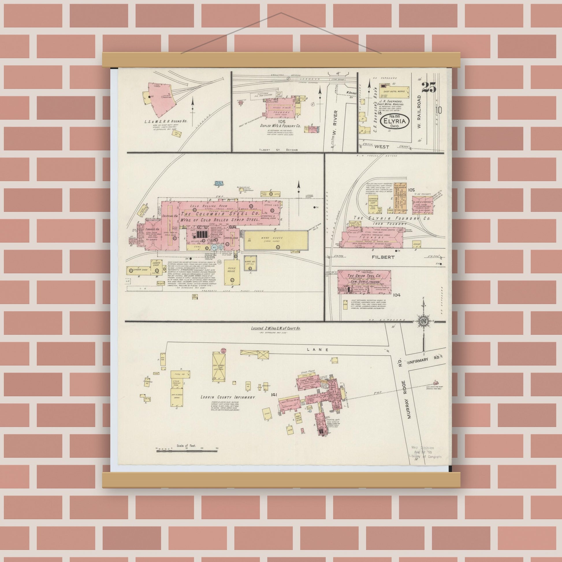 Old map wall art mockup — magnetic wood frame on brick wall — Sanborn Fire Insurance Map from Elyria, Lorain County, Ohio (1915), Sheet #0025