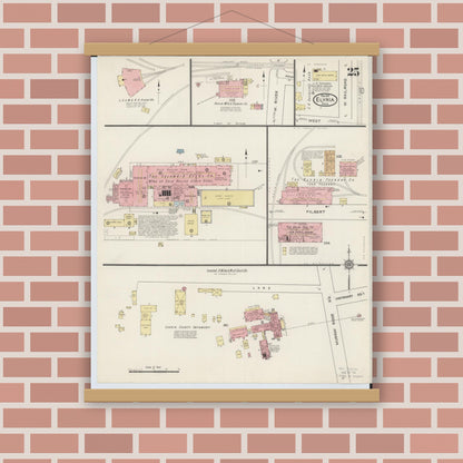 Old map wall art mockup — magnetic wood frame on brick wall — Sanborn Fire Insurance Map from Elyria, Lorain County, Ohio (1915), Sheet #0025