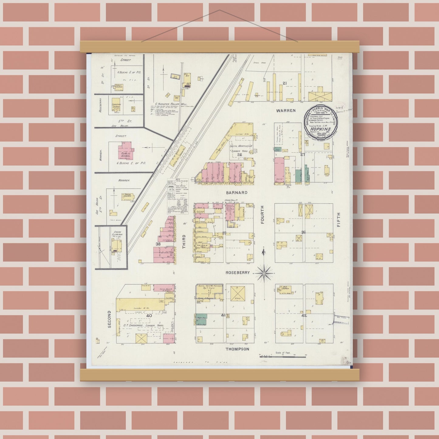 Old map wall art mockup — magnetic wood frame on brick wall — Sanborn Fire Insurance Map from Hopkins, Nodaway County, Missouri (1894), Sheet #0001