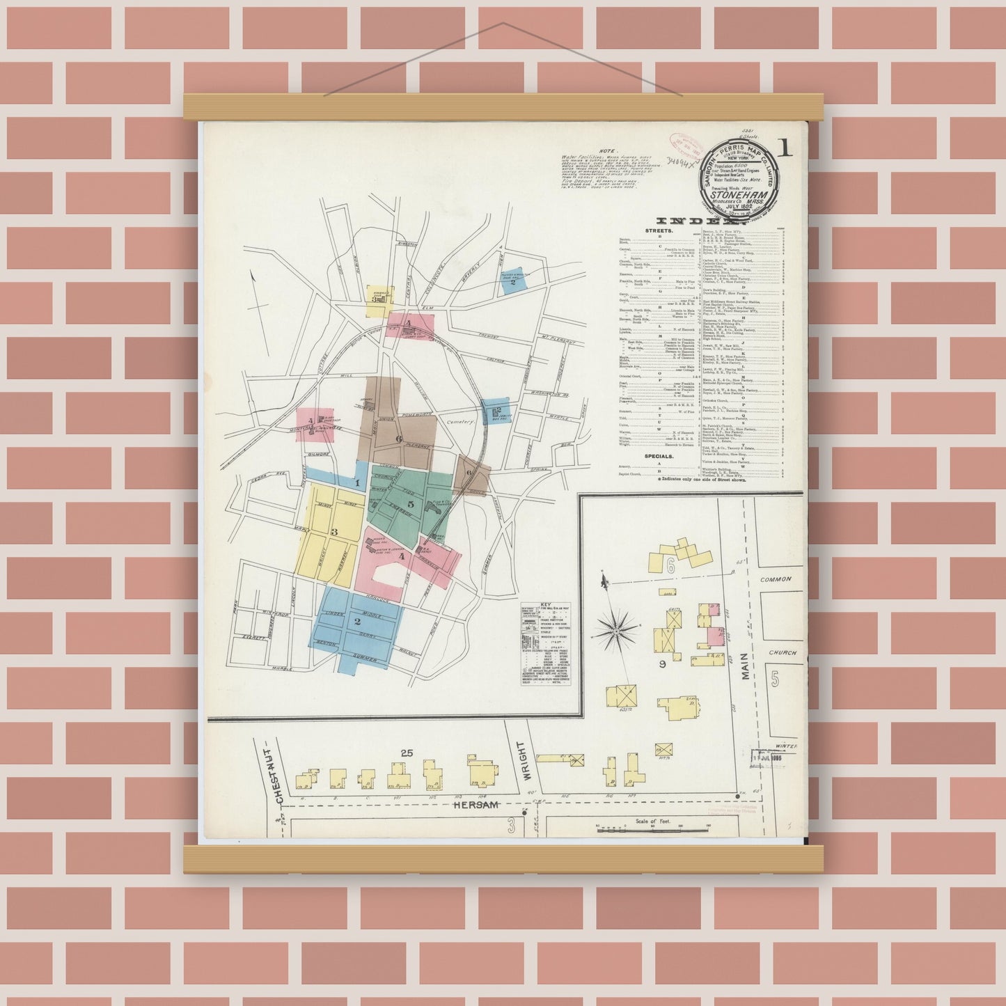 Old map wall art mockup — magnetic wood frame on brick wall — Sanborn Fire Insurance Map from Stoneham, Middlesex County, Massachusetts (1892), Sheet #0001