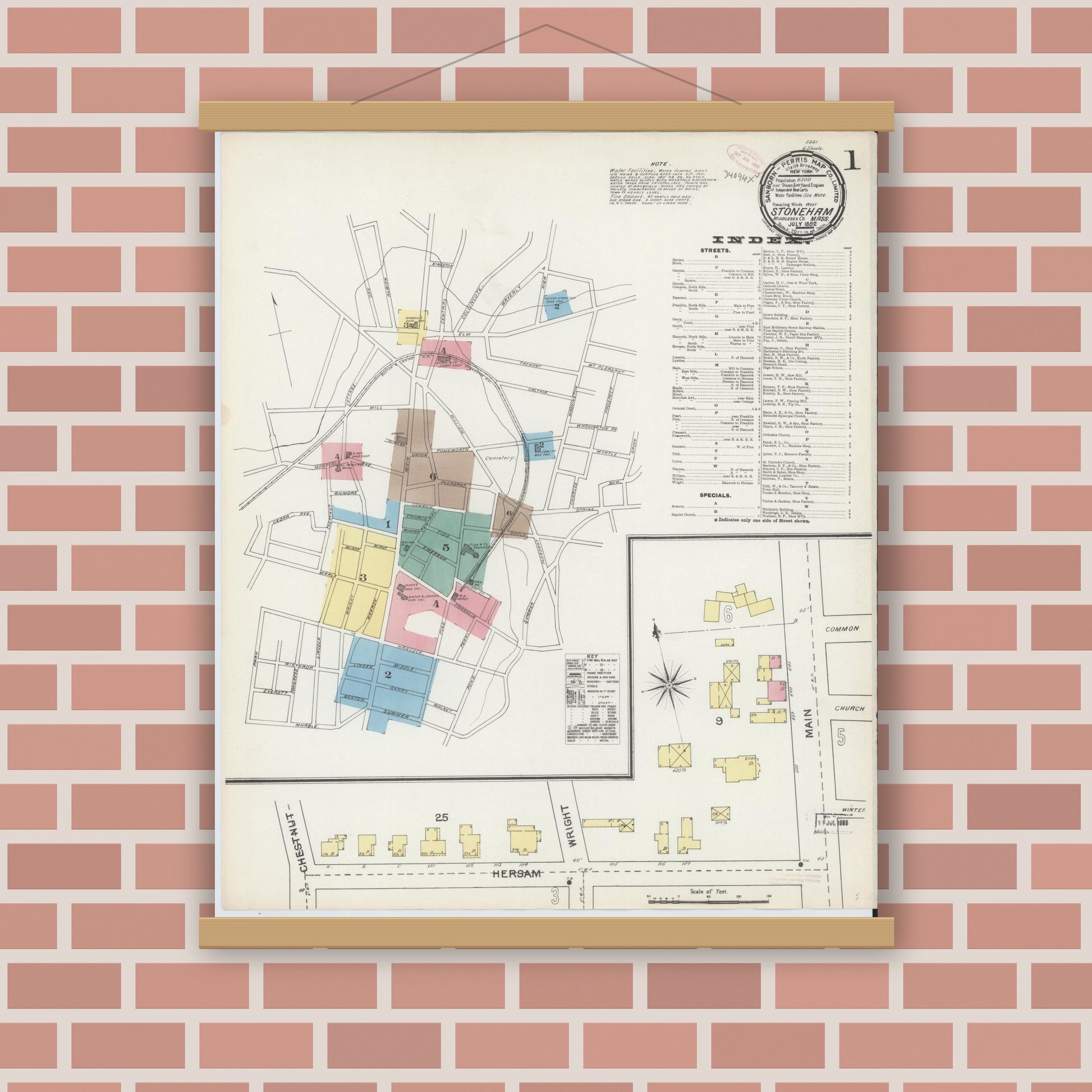 Old map wall art mockup — magnetic wood frame on brick wall — Sanborn Fire Insurance Map from Stoneham, Middlesex County, Massachusetts (1892), Sheet #0001