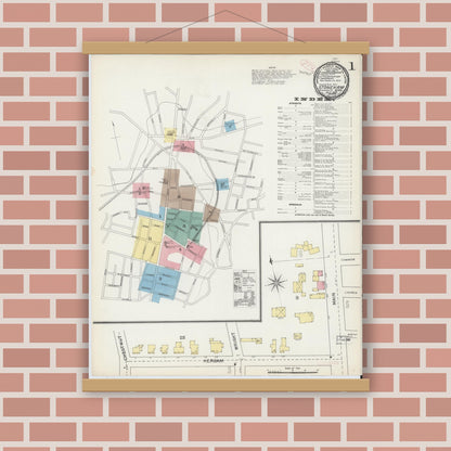 Old map wall art mockup — magnetic wood frame on brick wall — Sanborn Fire Insurance Map from Stoneham, Middlesex County, Massachusetts (1892), Sheet #0001