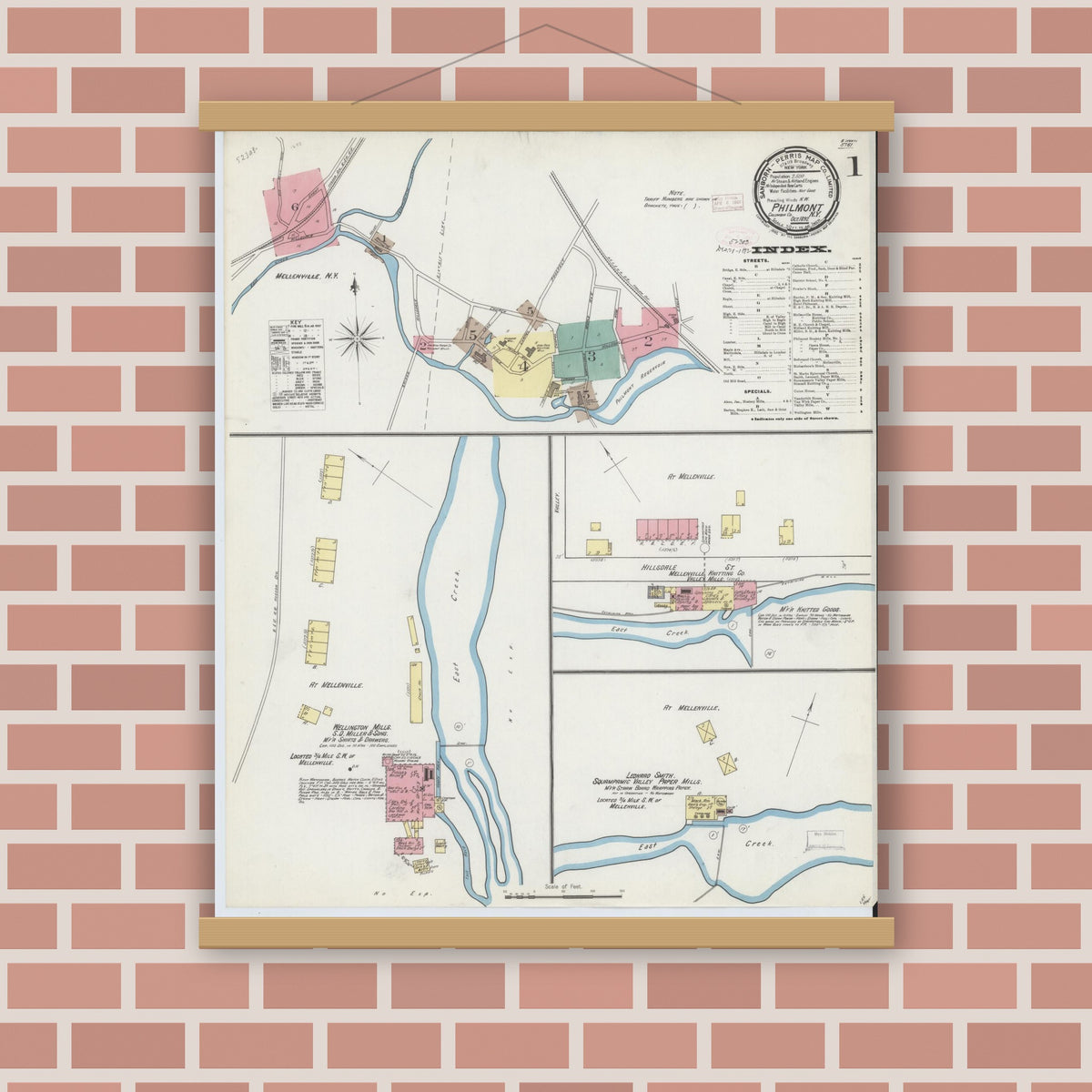 Old map wall art mockup — magnetic wood frame on brick wall — Sanborn Fire Insurance Map from Philmont, Columbia County, New York (1892), Sheet #0001