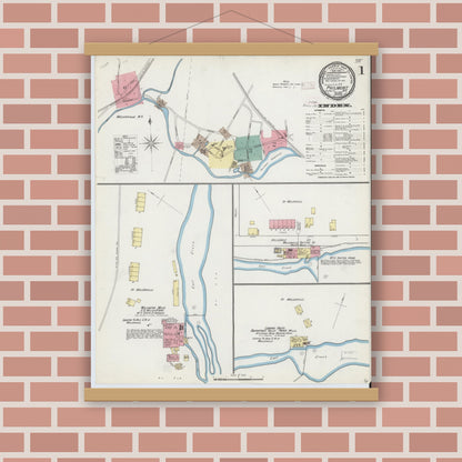 Old map wall art mockup — magnetic wood frame on brick wall — Sanborn Fire Insurance Map from Philmont, Columbia County, New York (1892), Sheet #0001