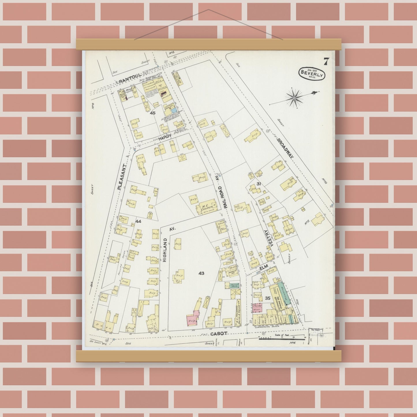 Old map wall art mockup — magnetic wood frame on brick wall — Sanborn Fire Insurance Map from Beverly, Essex County, Massachusetts (1891), Sheet #0007