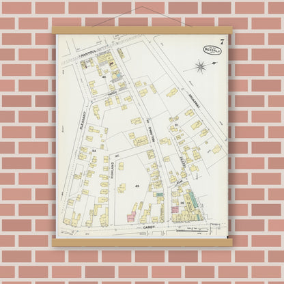 Old map wall art mockup — magnetic wood frame on brick wall — Sanborn Fire Insurance Map from Beverly, Essex County, Massachusetts (1891), Sheet #0007