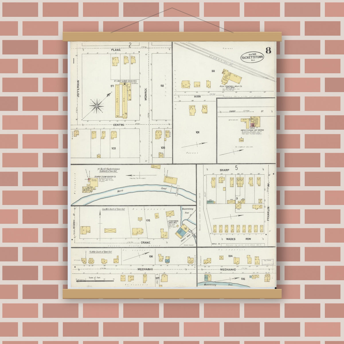 Old map wall art mockup — magnetic wood frame on brick wall — Sanborn Fire Insurance Map from Hackettstown, Warren County, New Jersey (1902), Sheet #0008