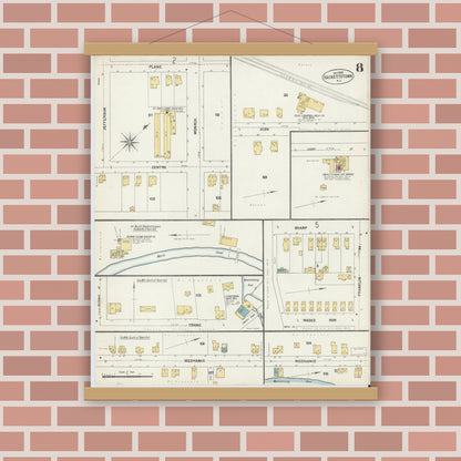 Old map wall art mockup — magnetic wood frame on brick wall — Sanborn Fire Insurance Map from Hackettstown, Warren County, New Jersey (1902), Sheet #0008