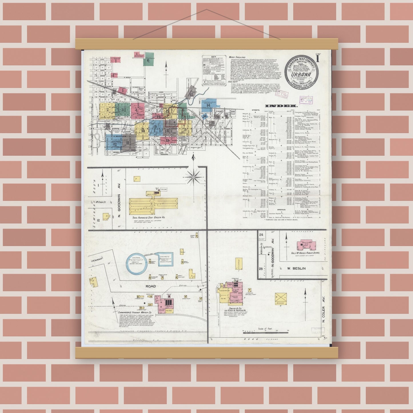 Old map wall art mockup — magnetic wood frame on brick wall — Sanborn Fire Insurance Map from Urbana, Champaign County, Illinois (1909) - Complete Map Set