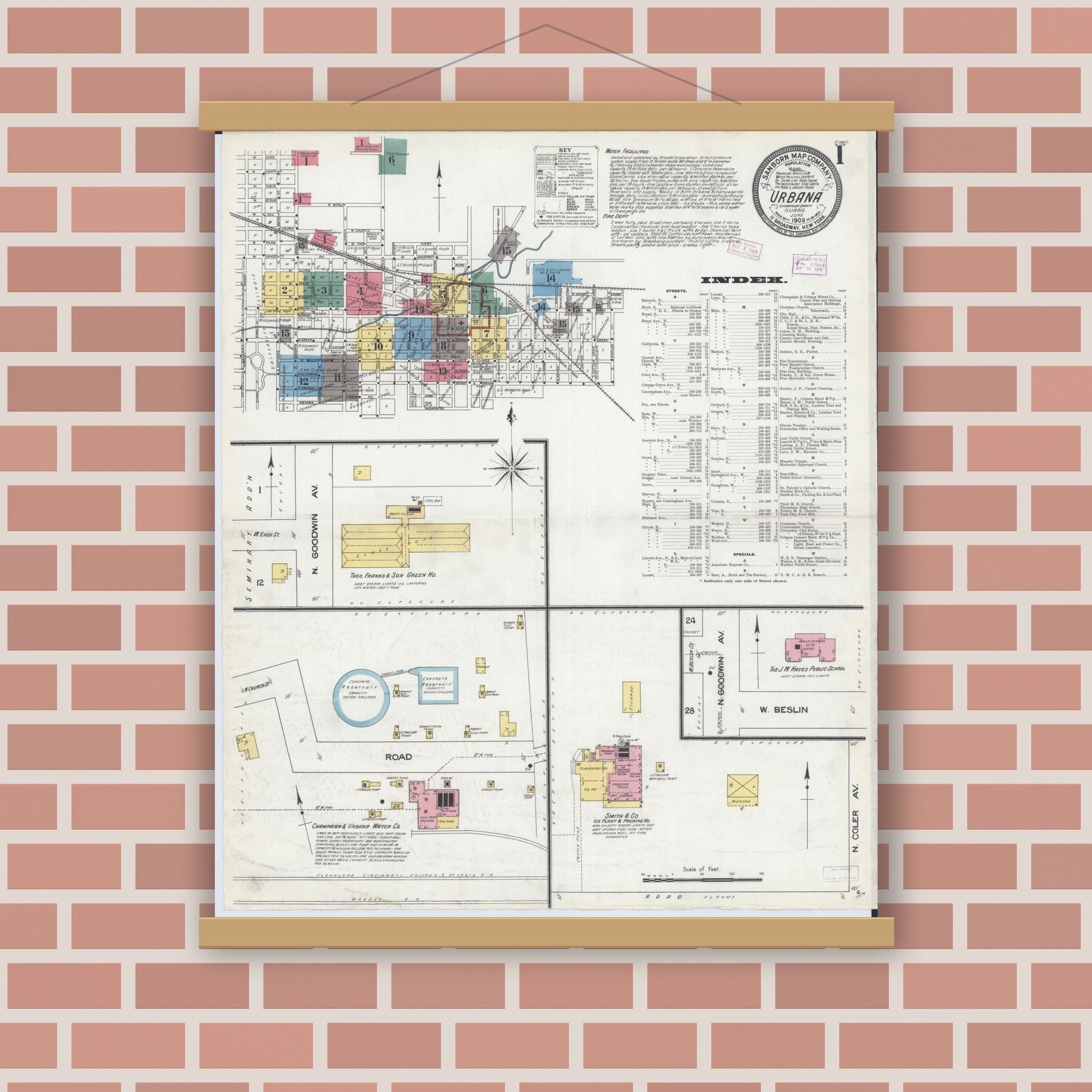 Old map wall art mockup — magnetic wood frame on brick wall — Sanborn Fire Insurance Map from Urbana, Champaign County, Illinois (1909) - Complete Map Set