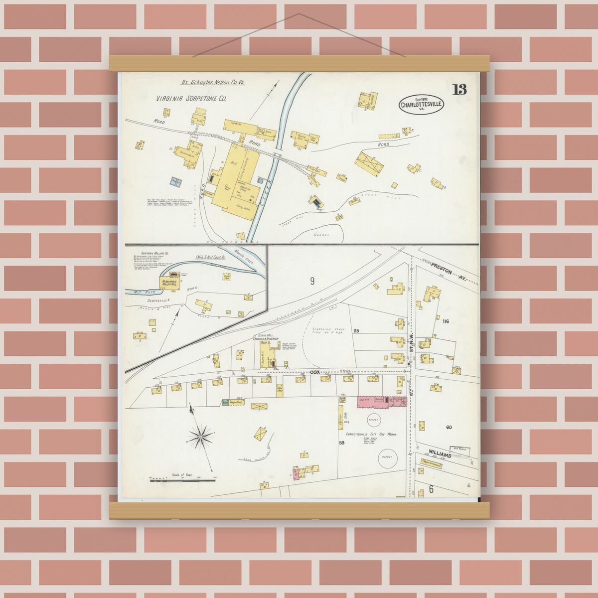 Old map wall art mockup — magnetic wood frame on brick wall — Sanborn Fire Insurance Map from Charlottesville, Independent Cities, Virginia (1902), Sheet #0013
