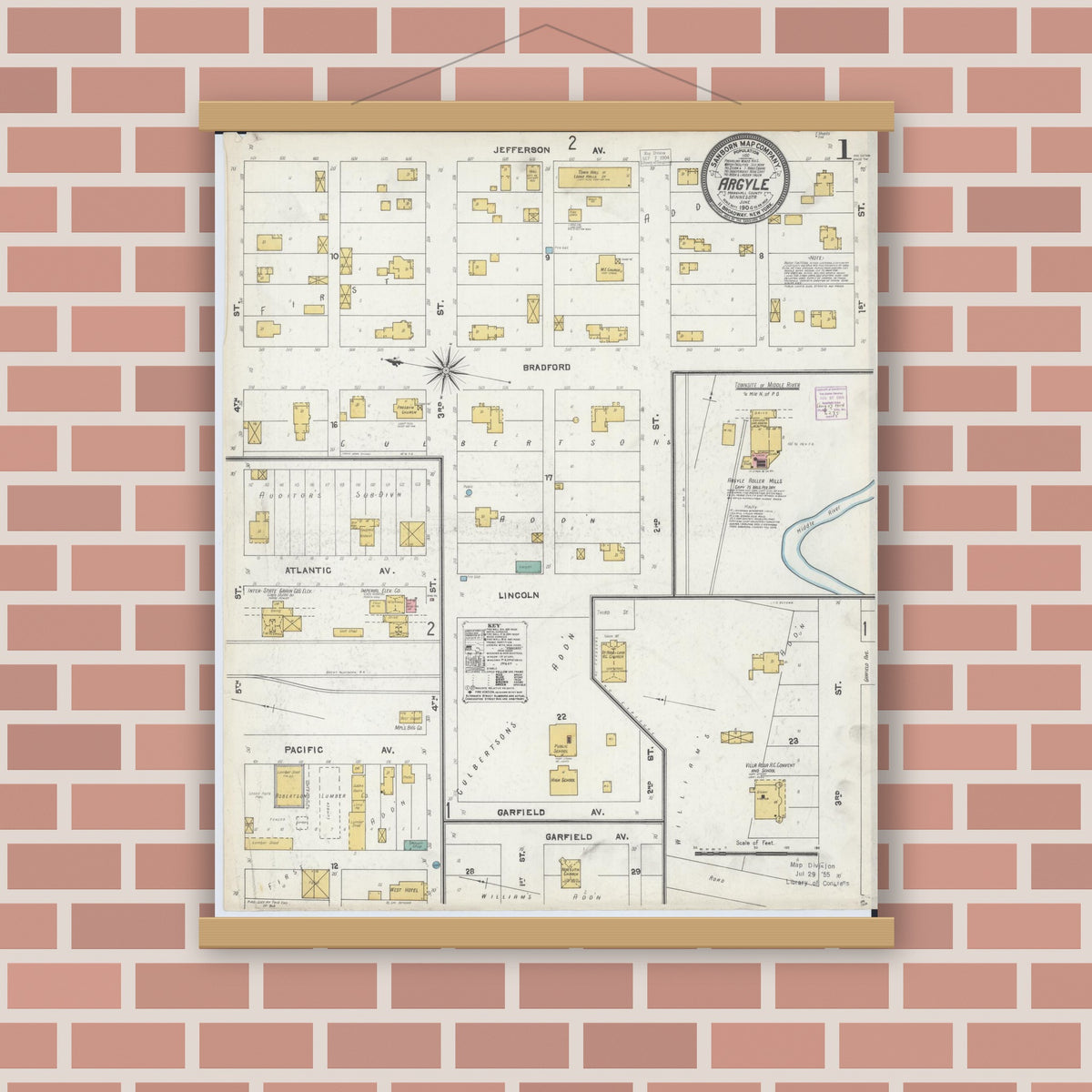 Old map wall art mockup — magnetic wood frame on brick wall — Sanborn Fire Insurance Map from Argyle, Marshall County, Minnesota (1904), Sheet #0001