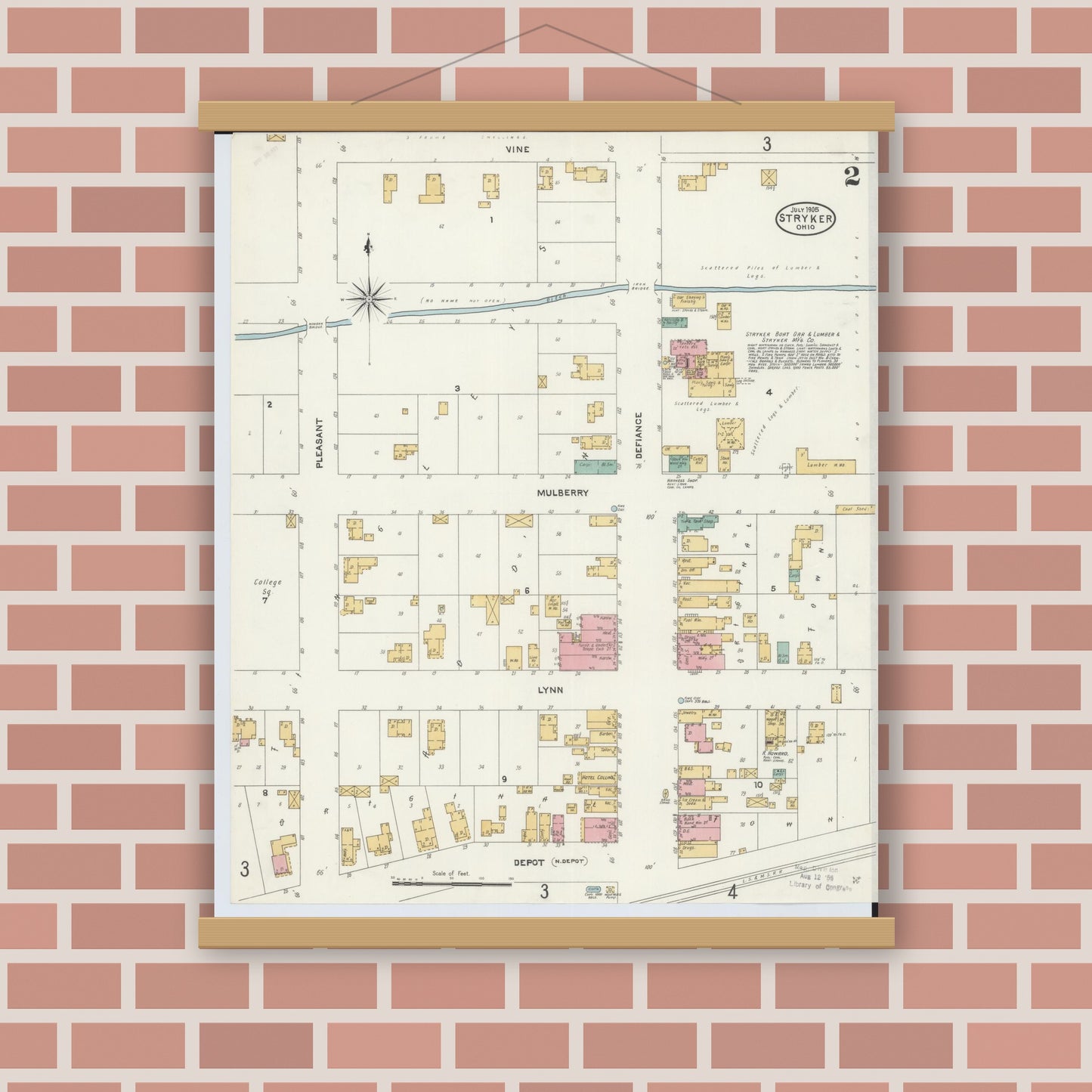 Old map wall art mockup — magnetic wood frame on brick wall — Sanborn Fire Insurance Map from Stryker, Williams County, Ohio (1905), Sheet #0002