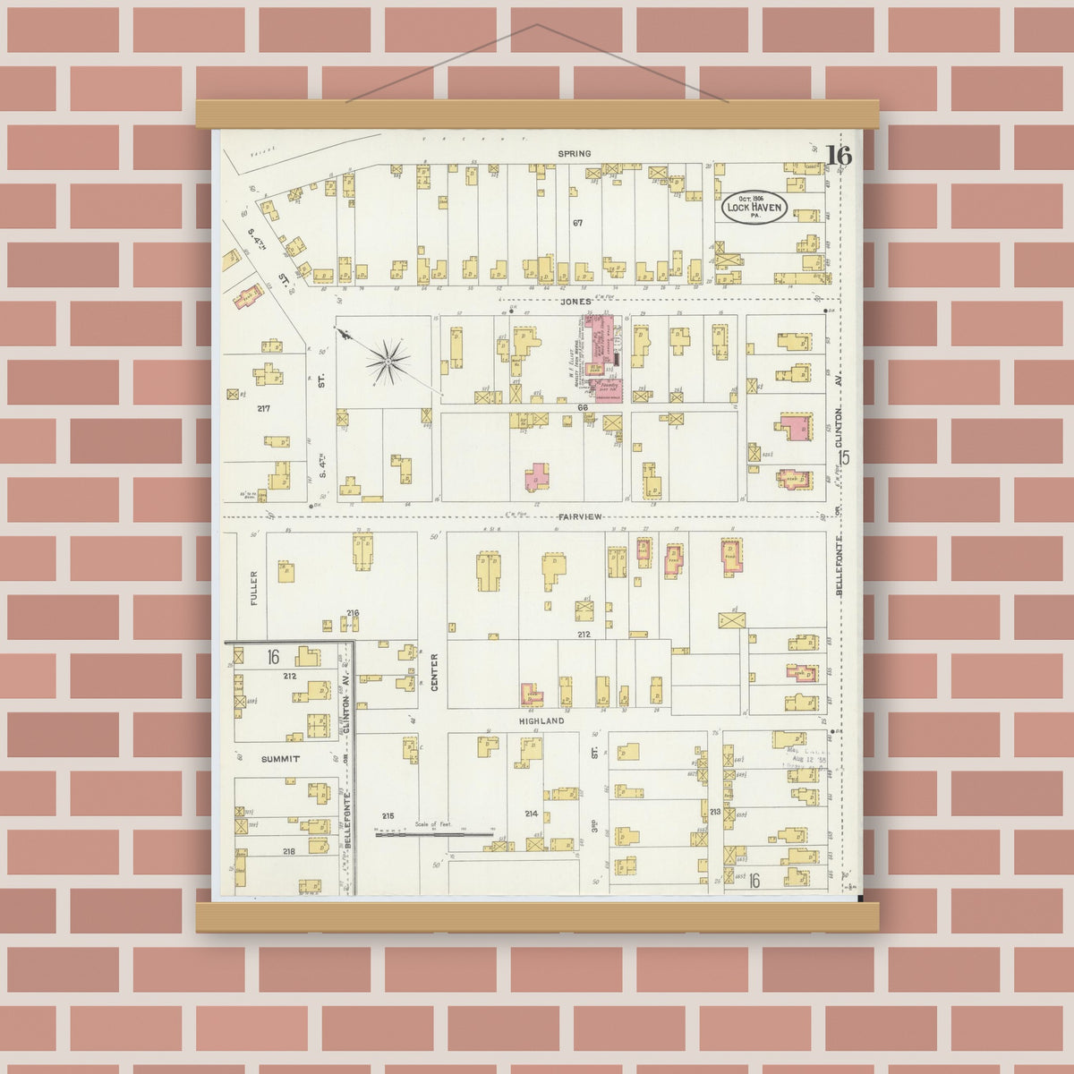 Old map wall art mockup — magnetic wood frame on brick wall — Sanborn Fire Insurance Map from Lock Haven, Clinton County, Pennsylvania (1906), Sheet #0016
