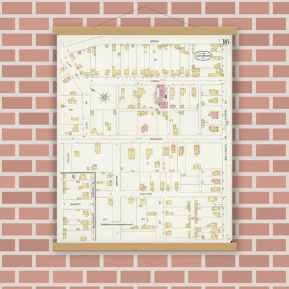 Old map wall art mockup — magnetic wood frame on brick wall — Sanborn Fire Insurance Map from Lock Haven, Clinton County, Pennsylvania (1906), Sheet #0016