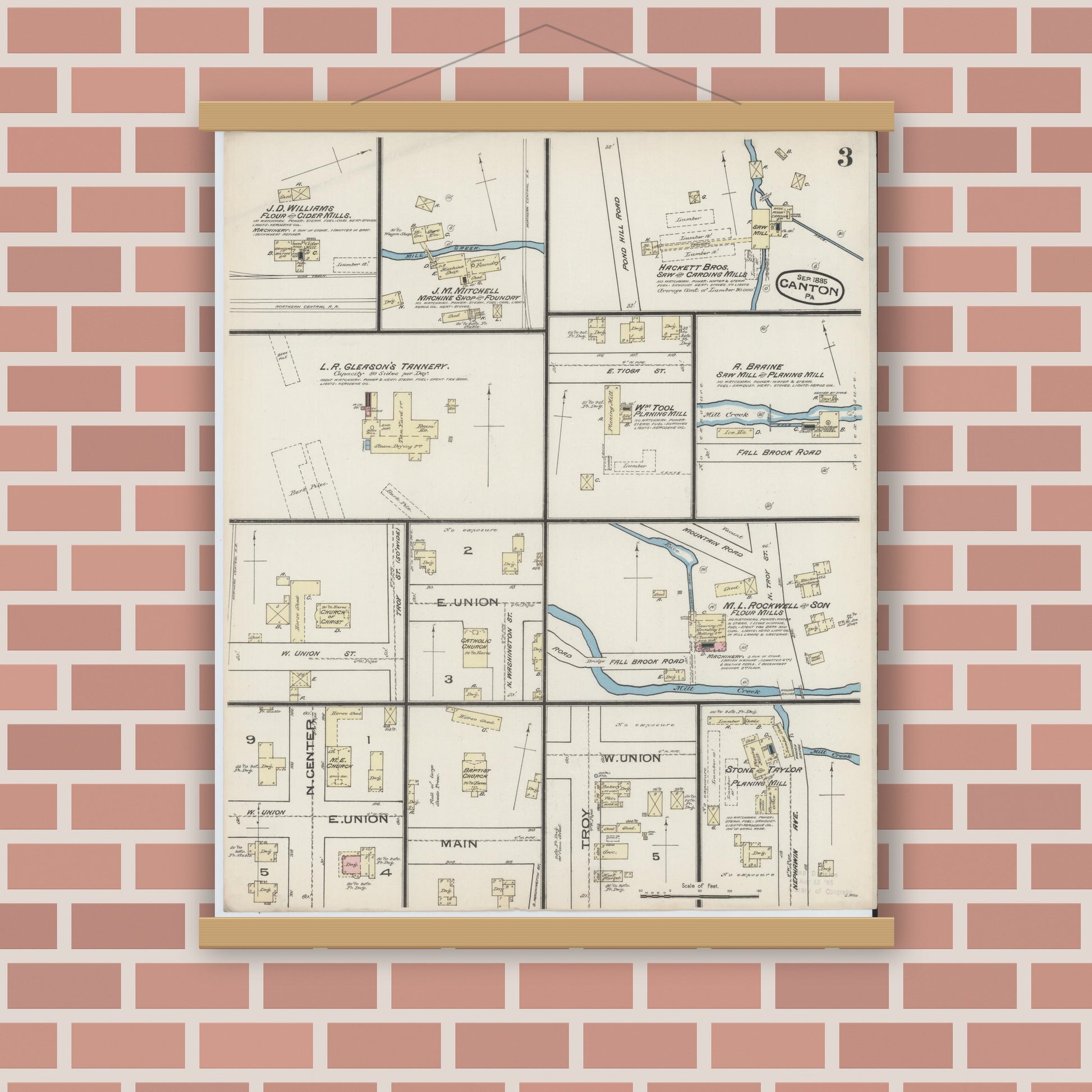 Old map wall art mockup — magnetic wood frame on brick wall — Sanborn Fire Insurance Map from Canton, Bradford County, Pennsylvania (1885), Sheet #0003