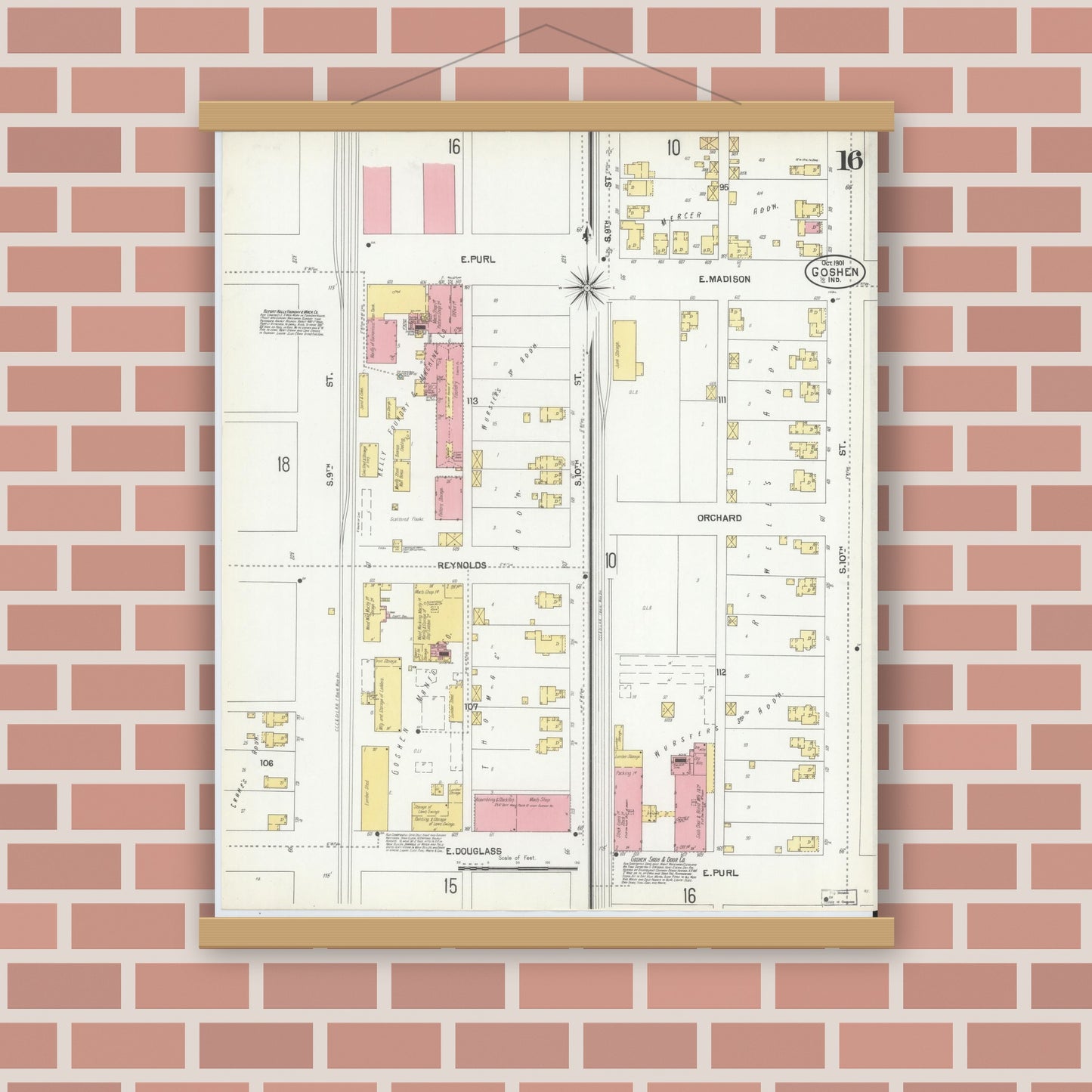 Old map wall art mockup — magnetic wood frame on brick wall — Sanborn Fire Insurance Map from Goshen, Elkhart County, Indiana (1901), Sheet #0016