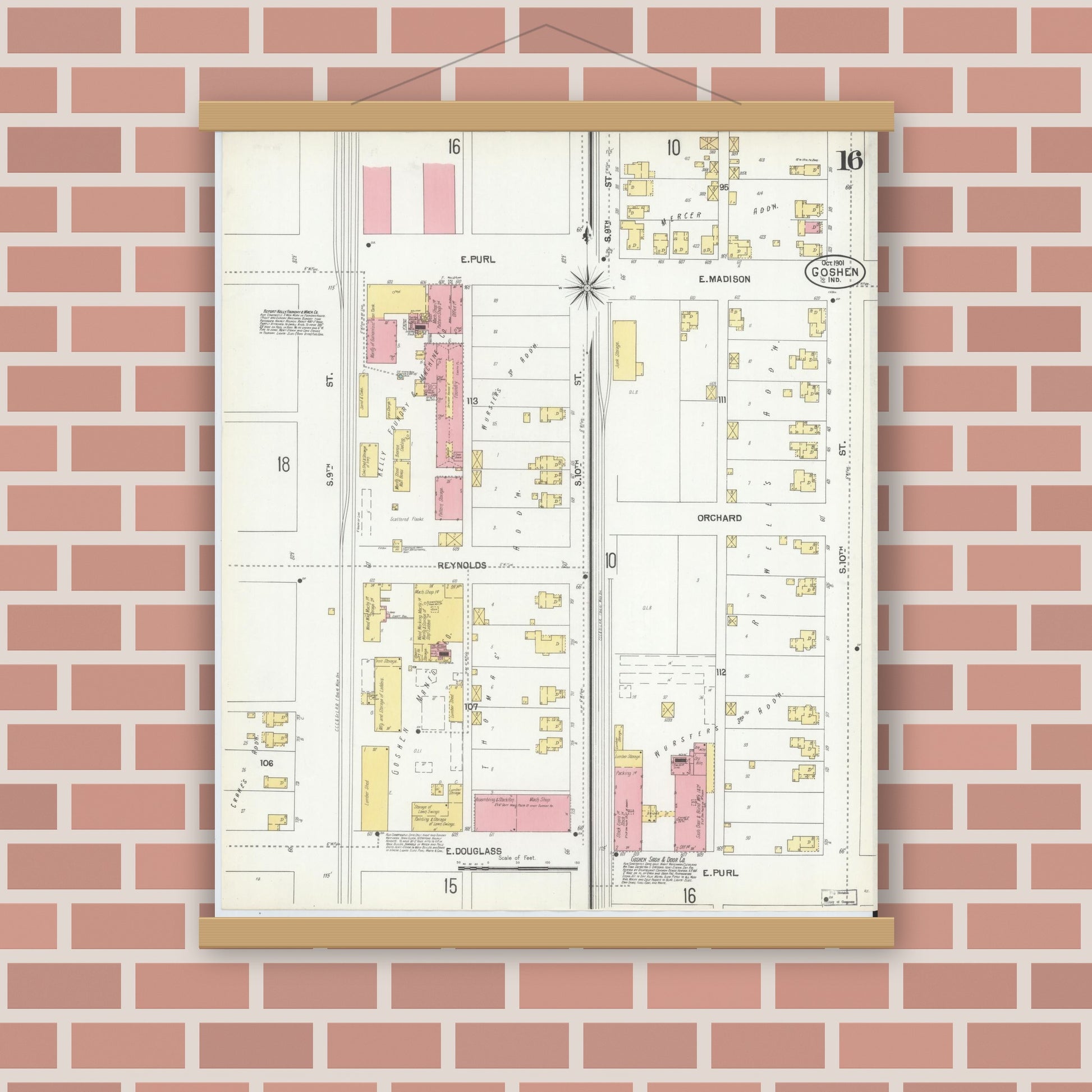 Old map wall art mockup — magnetic wood frame on brick wall — Sanborn Fire Insurance Map from Goshen, Elkhart County, Indiana (1901), Sheet #0016