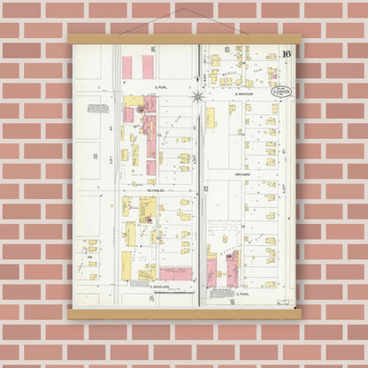 Old map wall art mockup — magnetic wood frame on brick wall — Sanborn Fire Insurance Map from Goshen, Elkhart County, Indiana (1901), Sheet #0016