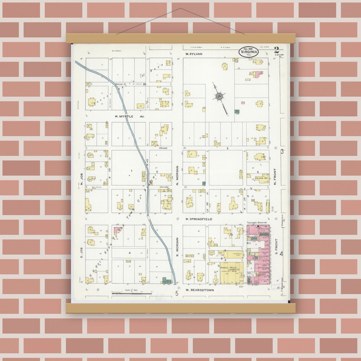 Old map wall art mockup — magnetic wood frame on brick wall — Sanborn Fire Insurance Map from Virginia, Cass County, Illinois (1909), Sheet #0002