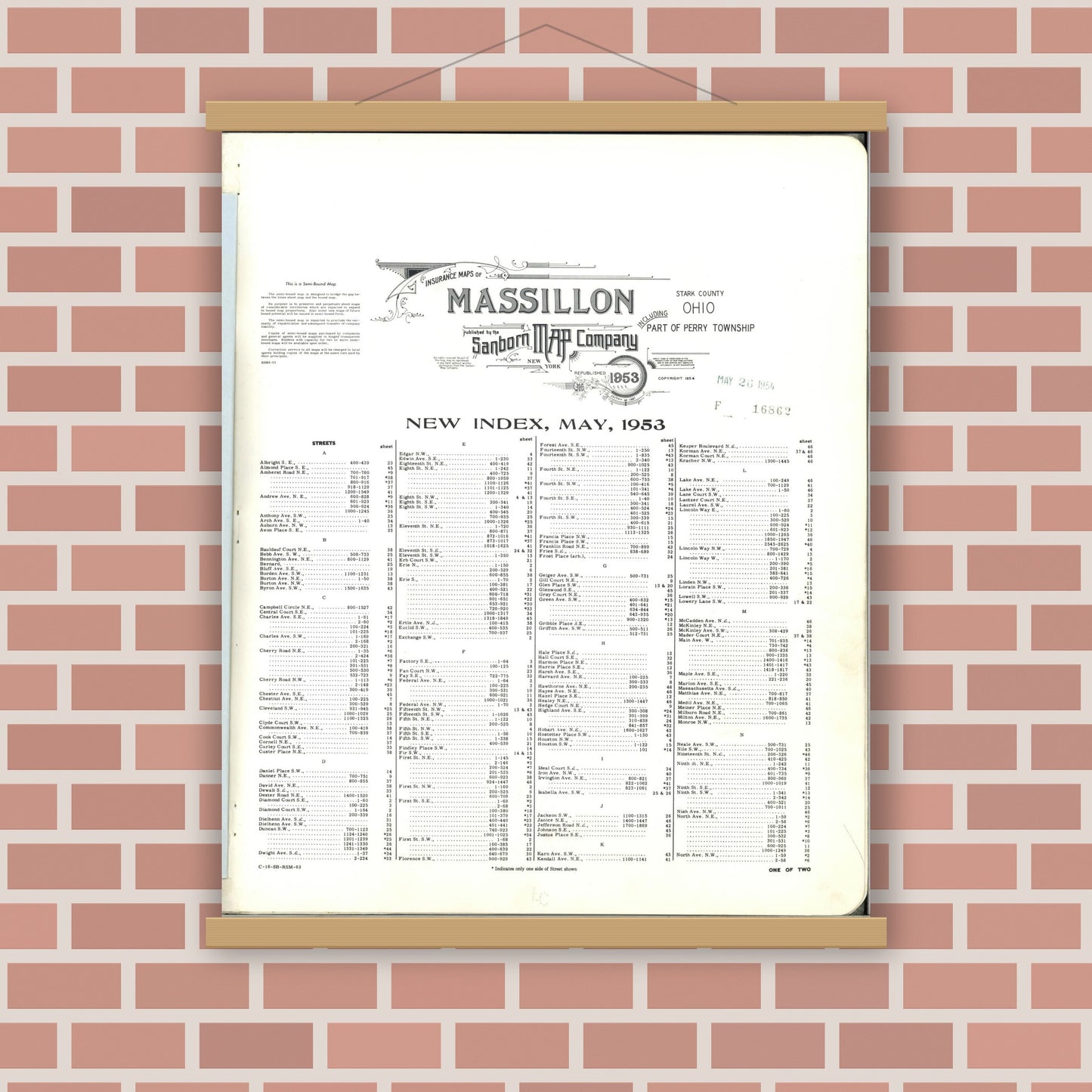 Old map wall art mockup — magnetic wood frame on brick wall — Sanborn Fire Insurance Map from Massillon, Stark County, Ohio (1953), Sheet #0001
