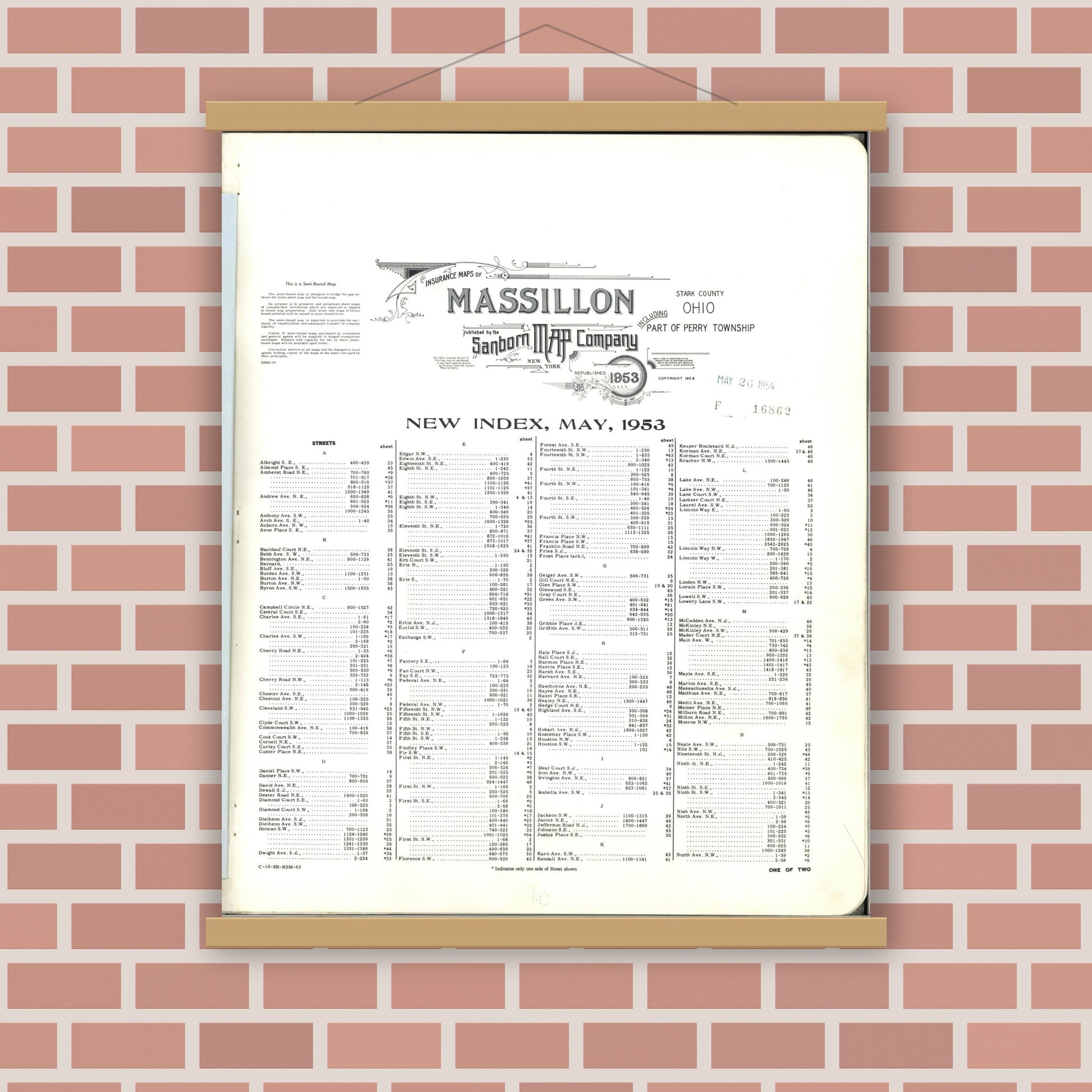 Old map wall art mockup — magnetic wood frame on brick wall — Sanborn Fire Insurance Map from Massillon, Stark County, Ohio (1953), Sheet #0001