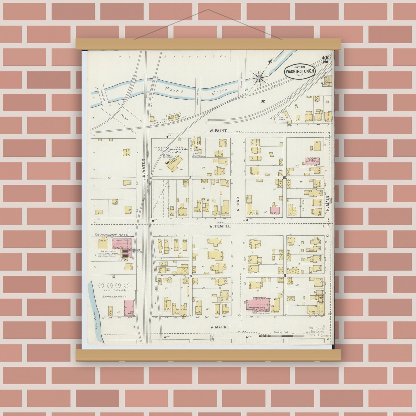 Old map wall art mockup — magnetic wood frame on brick wall — Sanborn Fire Insurance Map from Washington Court House, Fayette County, Ohio (1895), Sheet #0002