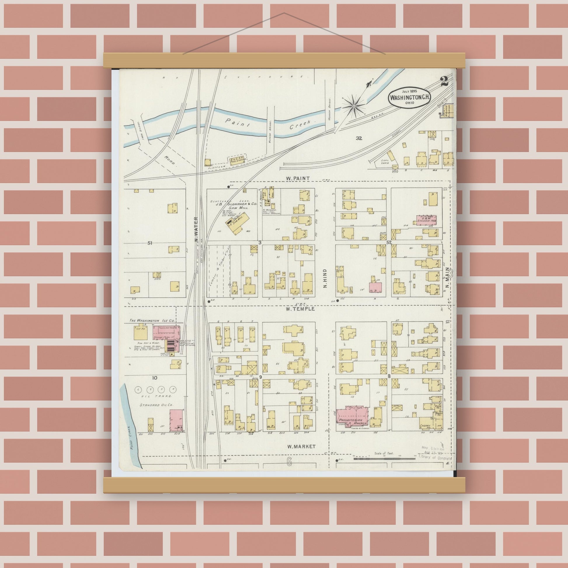 Old map wall art mockup — magnetic wood frame on brick wall — Sanborn Fire Insurance Map from Washington Court House, Fayette County, Ohio (1895), Sheet #0002