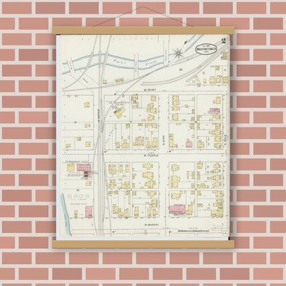 Old map wall art mockup — magnetic wood frame on brick wall — Sanborn Fire Insurance Map from Washington Court House, Fayette County, Ohio (1895), Sheet #0002