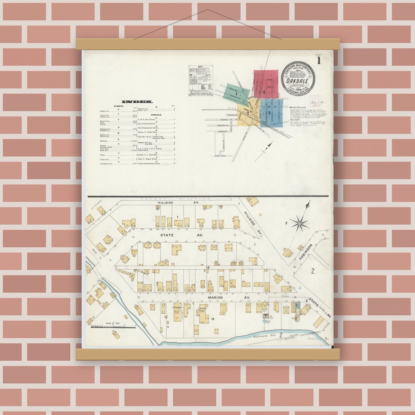 Old map wall art mockup — magnetic wood frame on brick wall — Sanborn Fire Insurance Map from Oakdale, Allegheny County, Pennsylvania (1908), Sheet #0001