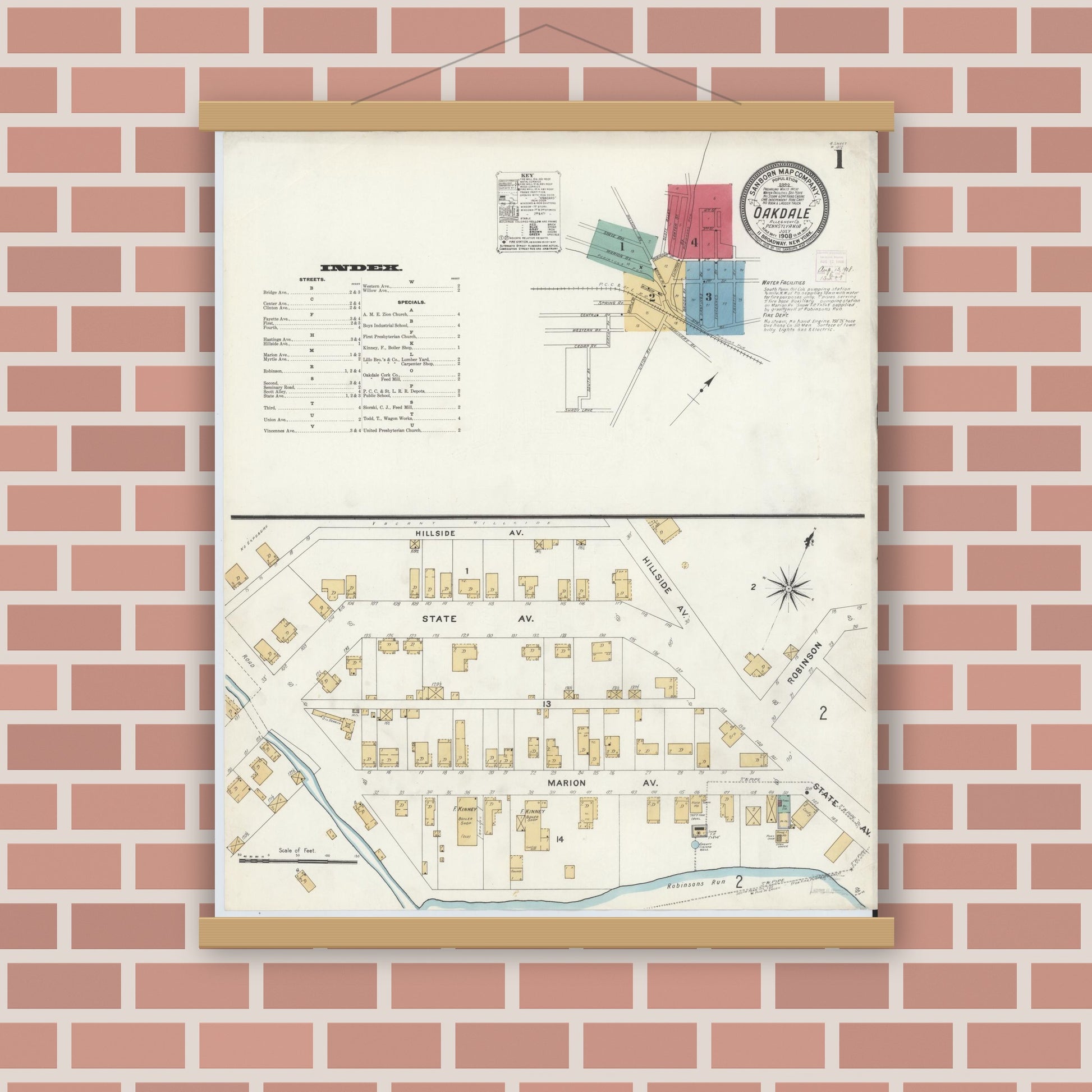 Old map wall art mockup — magnetic wood frame on brick wall — Sanborn Fire Insurance Map from Oakdale, Allegheny County, Pennsylvania (1908), Sheet #0001