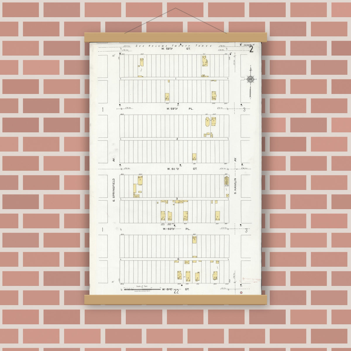Old map wall art mockup — magnetic wood frame on brick wall — Sanborn Fire Insurance Map from Chicago, Cook County, Illinois (1920), Sheet #0002