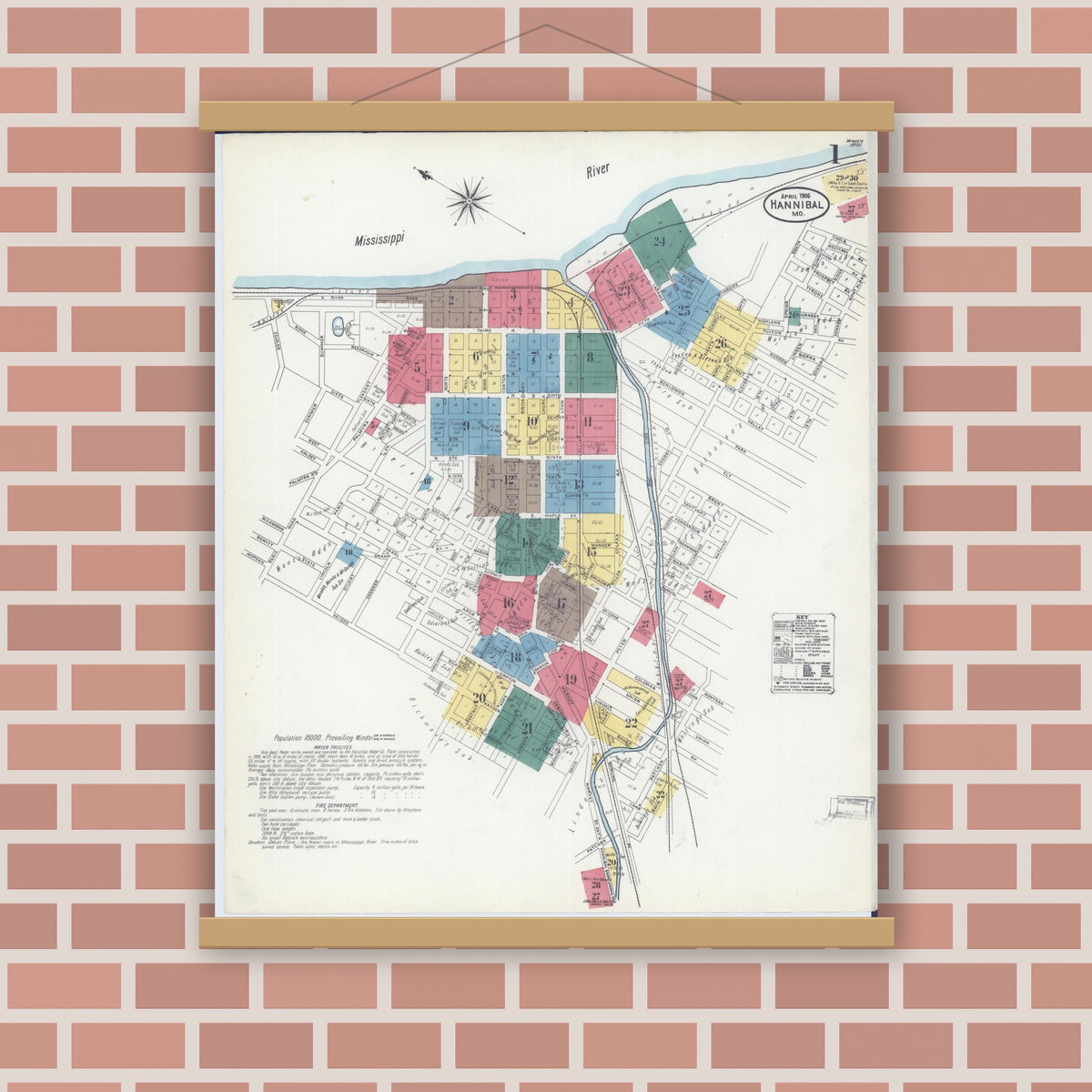 Old map wall art mockup — magnetic wood frame on brick wall — Sanborn Fire Insurance Map from Hannibal, Marion County, Missouri (1906) - Complete Map Set