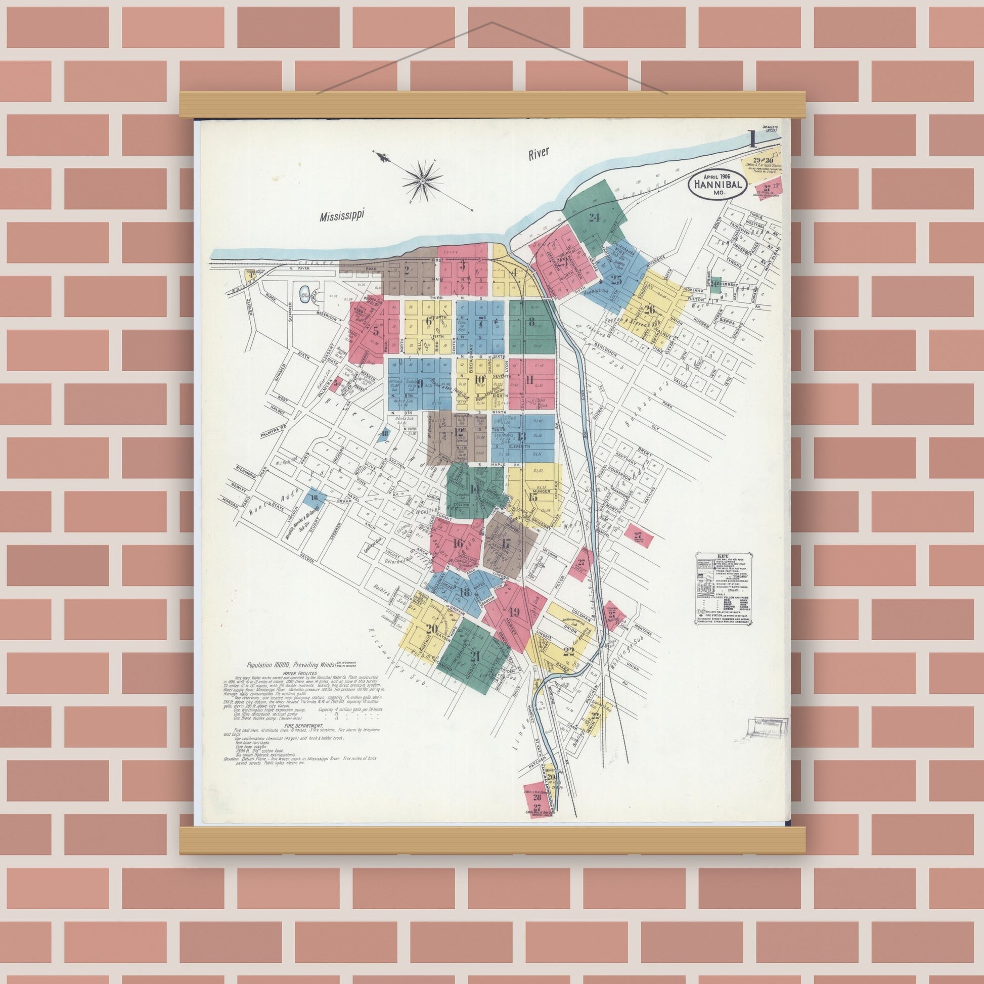Old map wall art mockup — magnetic wood frame on brick wall — Sanborn Fire Insurance Map from Hannibal, Marion County, Missouri (1906) - Complete Map Set