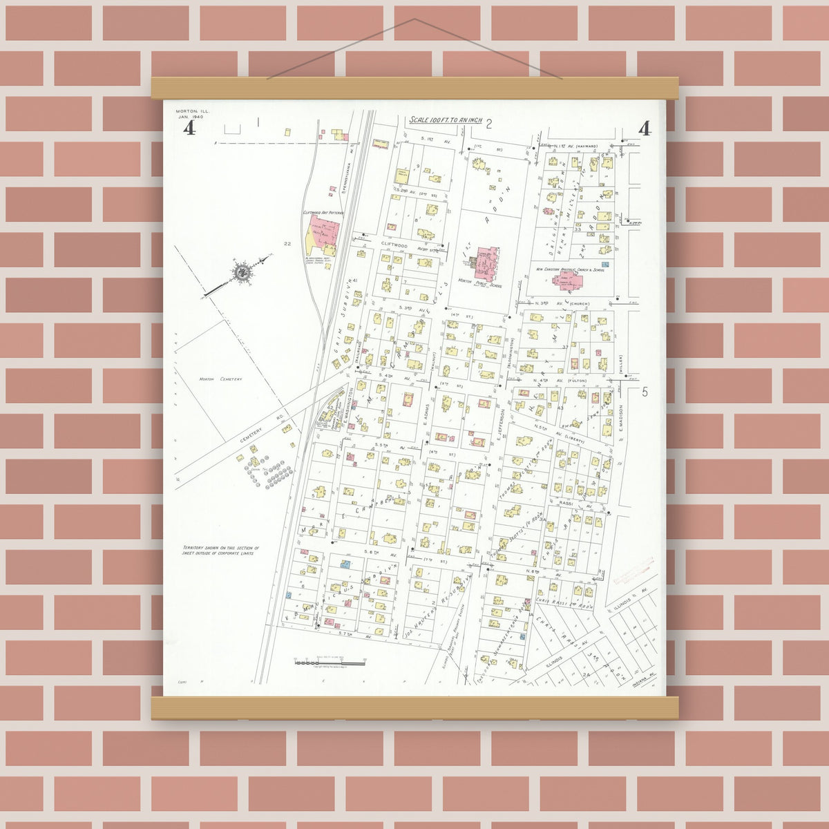 Old map wall art mockup — magnetic wood frame on brick wall — Sanborn Fire Insurance Map from Morton, Tazewell County, Illinois (1940), Sheet #0004
