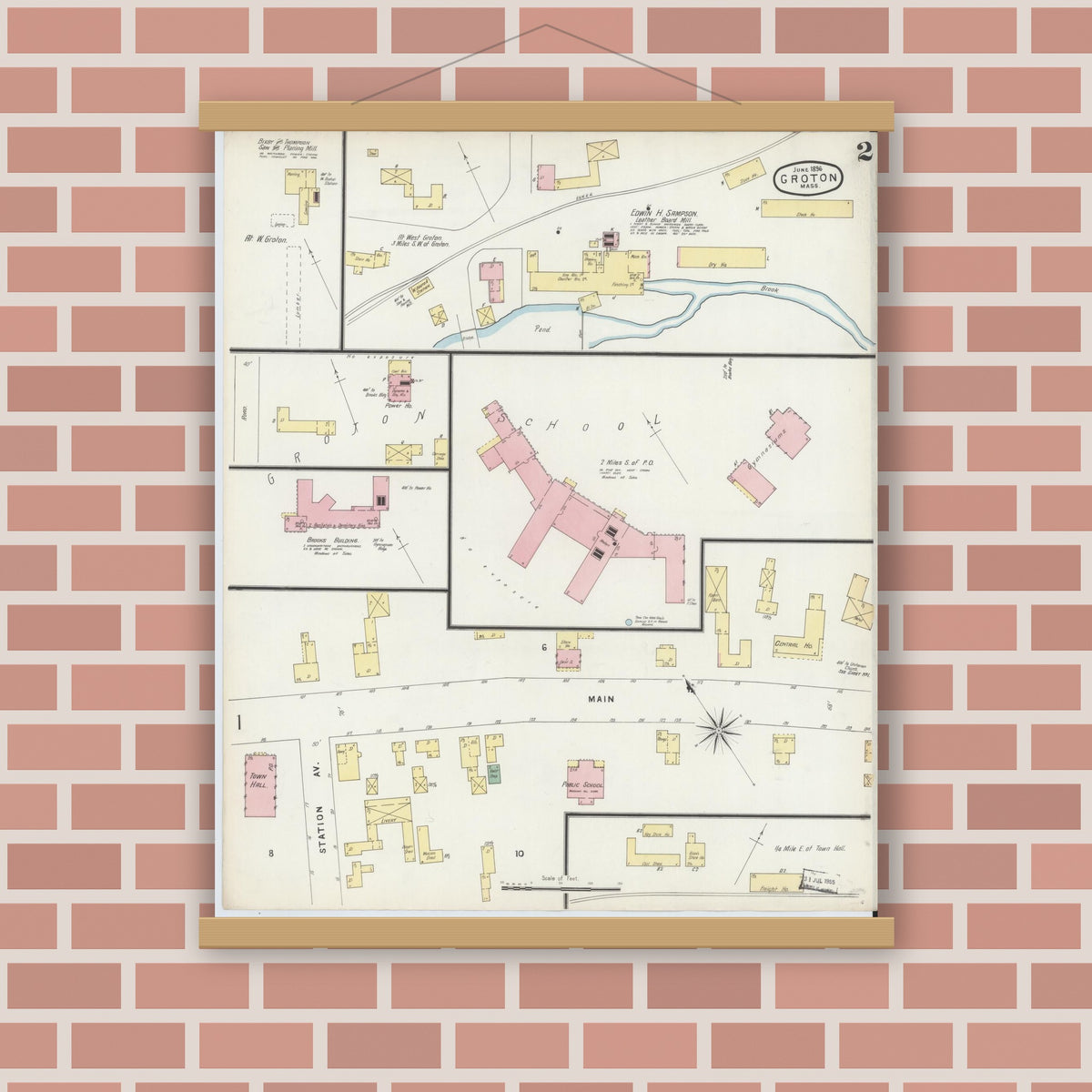 Old map wall art mockup — magnetic wood frame on brick wall — Sanborn Fire Insurance Map from Groton, Middlesex County, Massachusetts (1896), Sheet #0002