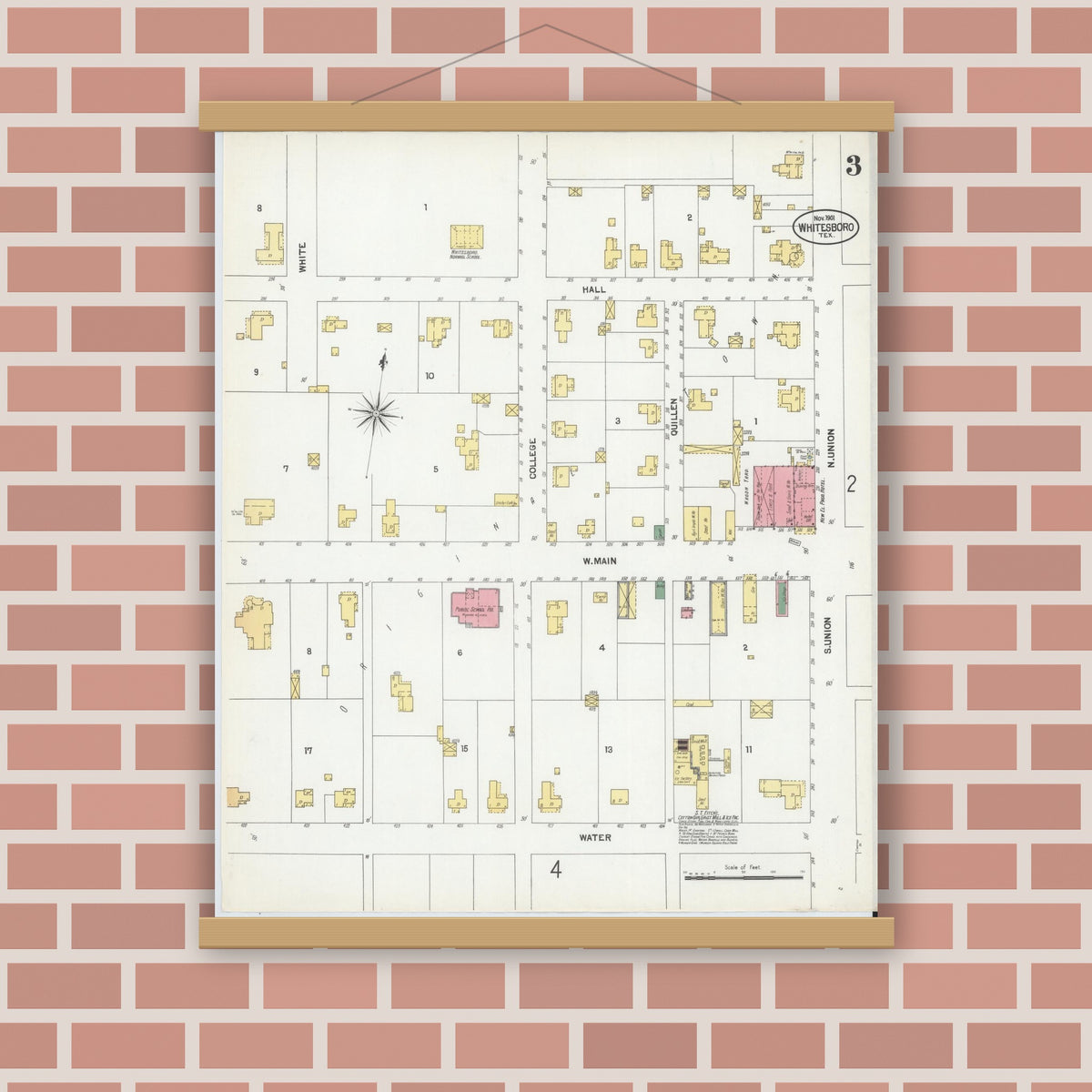 Old map wall art mockup — magnetic wood frame on brick wall — Sanborn Fire Insurance Map from Whitesboro, Grayson County, Texas (1901), Sheet #0003