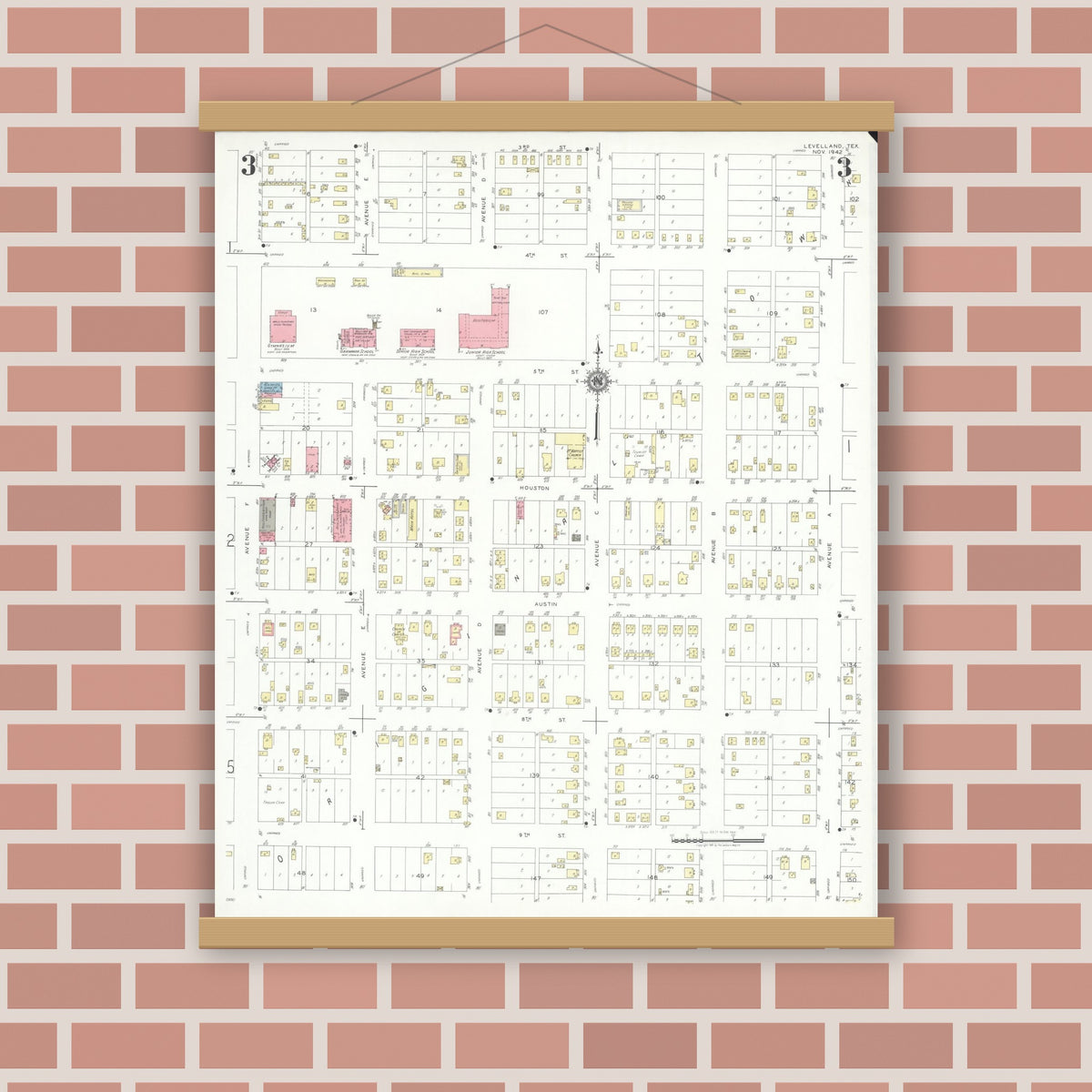 Old map wall art mockup — magnetic wood frame on brick wall — Sanborn Fire Insurance Map from Levelland, Hockley County, Texas (1942), Sheet #0003