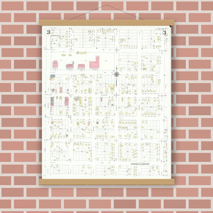 Old map wall art mockup — magnetic wood frame on brick wall — Sanborn Fire Insurance Map from Levelland, Hockley County, Texas (1942), Sheet #0003