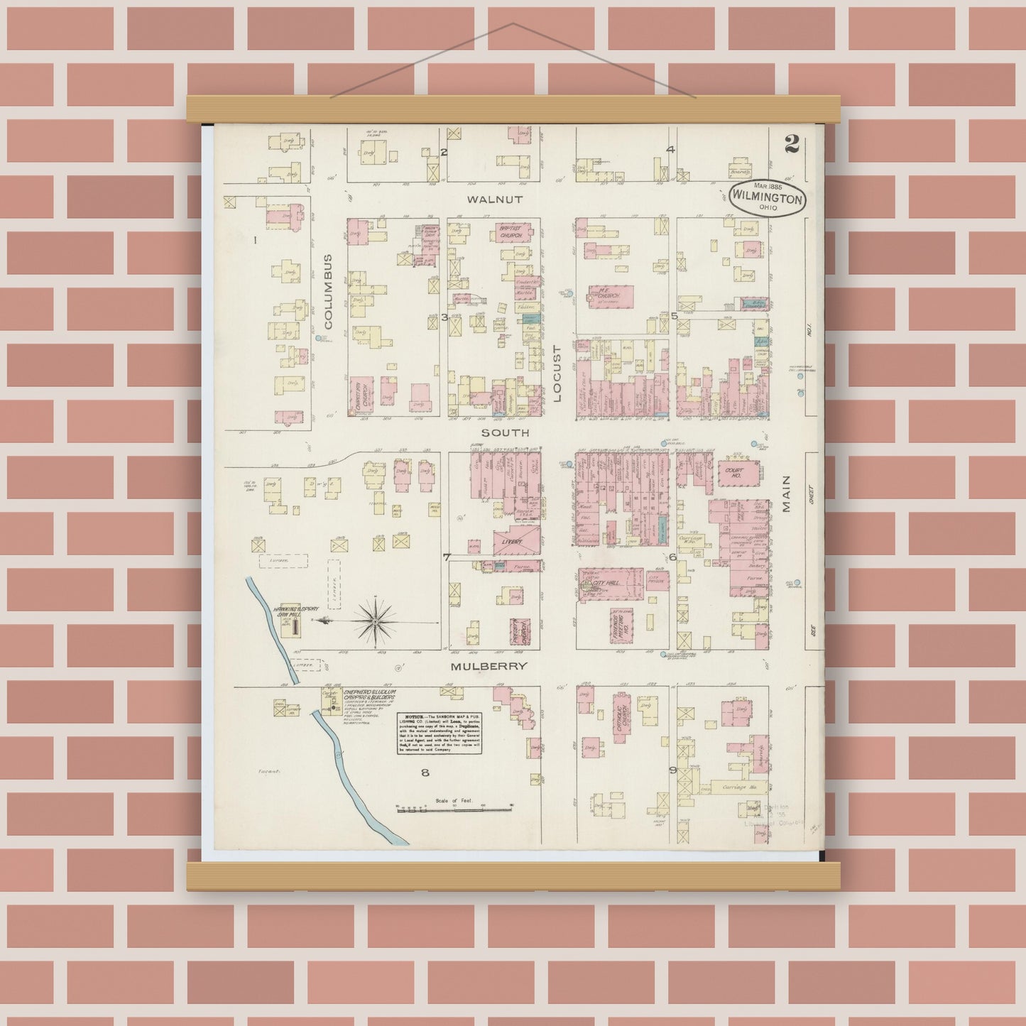 Old map wall art mockup — magnetic wood frame on brick wall — Sanborn Fire Insurance Map from Wilmington, Clinton County, Ohio (1885), Sheet #0002