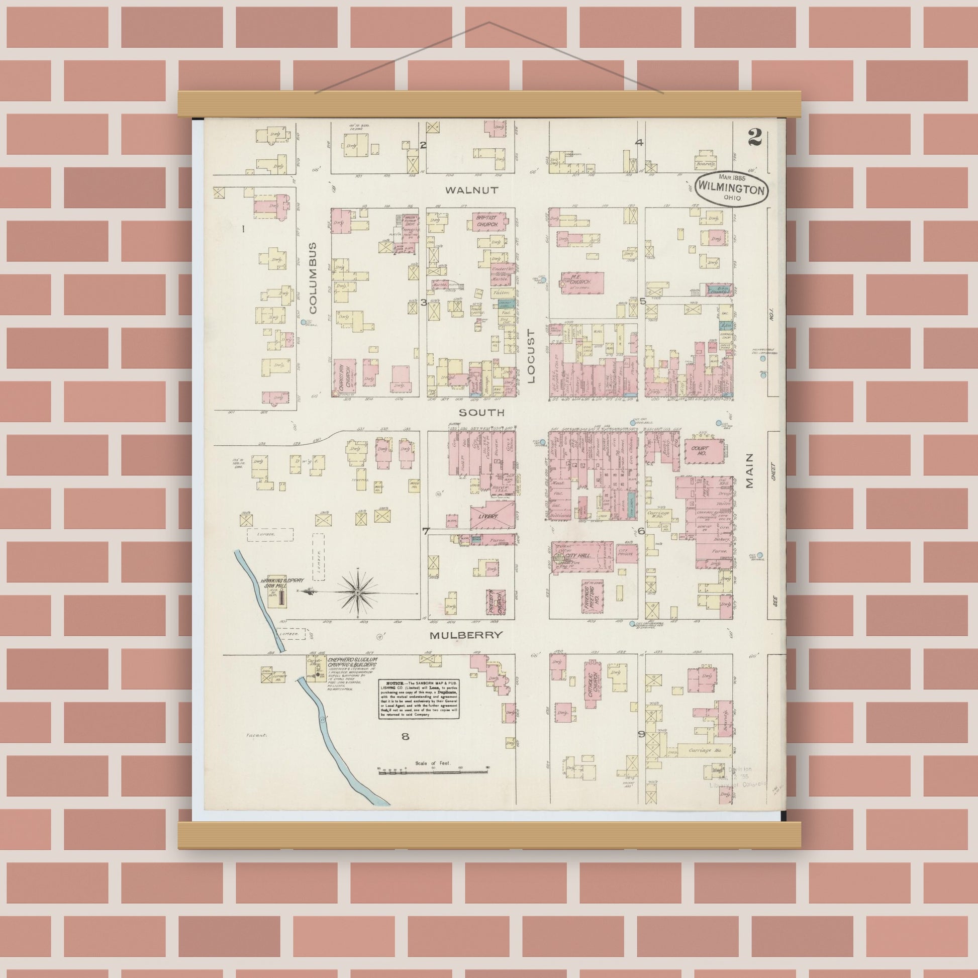 Old map wall art mockup — magnetic wood frame on brick wall — Sanborn Fire Insurance Map from Wilmington, Clinton County, Ohio (1885), Sheet #0002