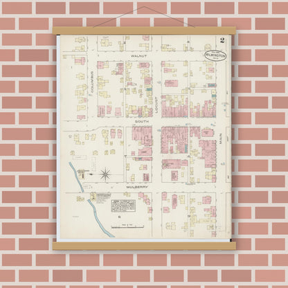 Old map wall art mockup — magnetic wood frame on brick wall — Sanborn Fire Insurance Map from Wilmington, Clinton County, Ohio (1885), Sheet #0002