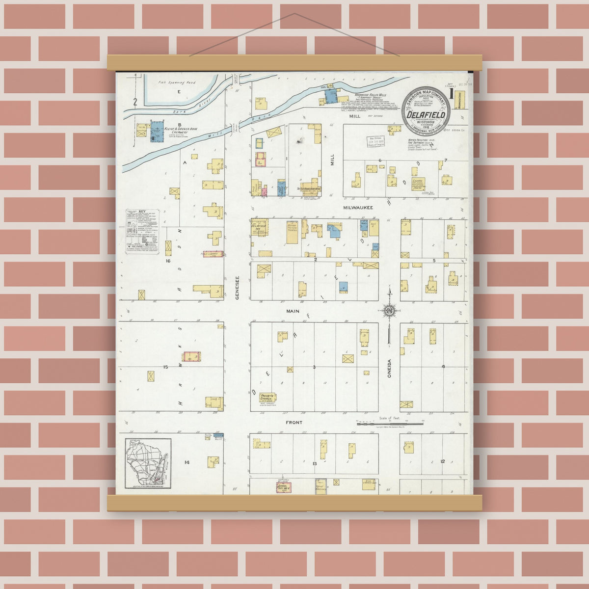Old map wall art mockup — magnetic wood frame on brick wall — Sanborn Fire Insurance Map from Delafield, Waukesha County, Wisconsin (1918) - Complete Map Set
