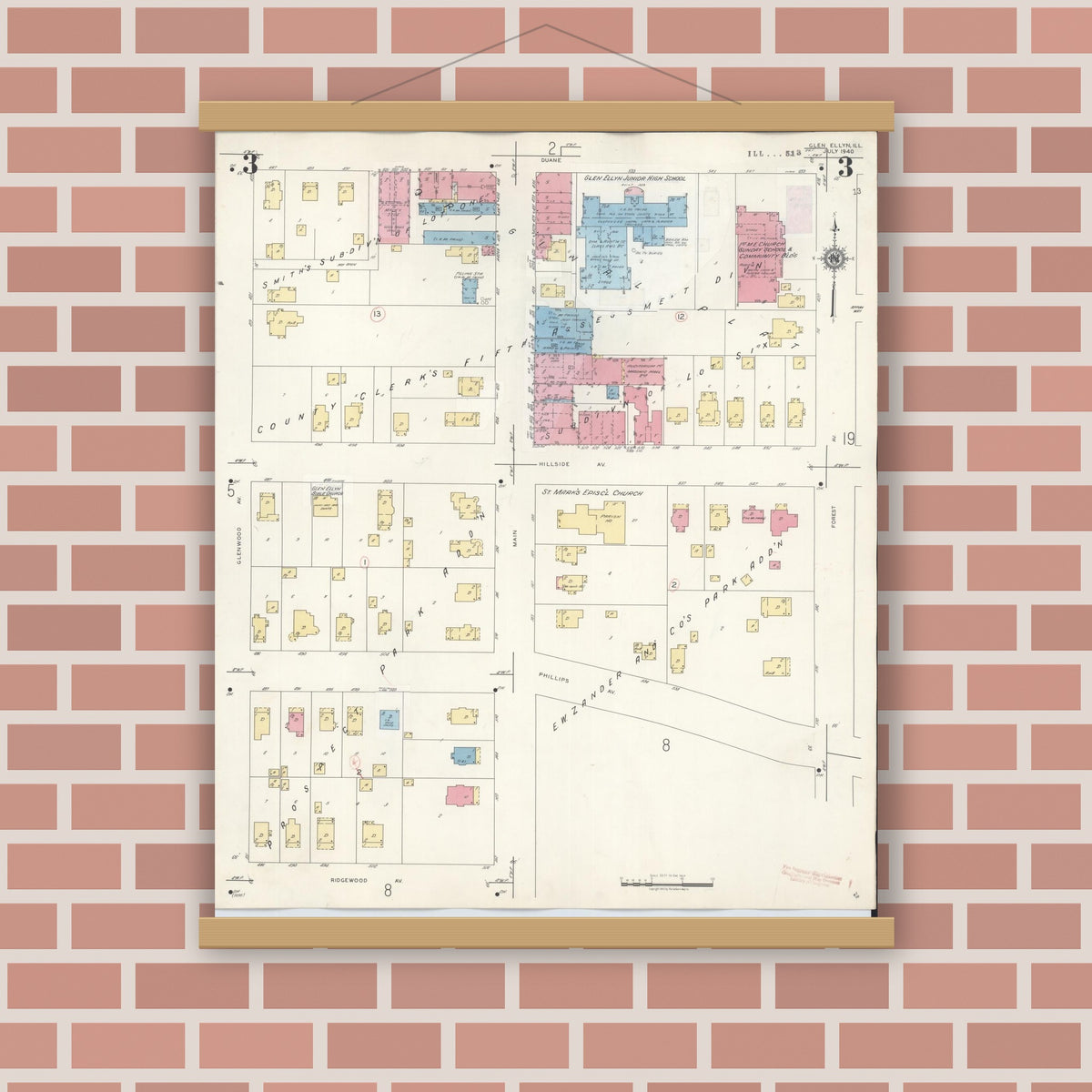 Old map wall art mockup — magnetic wood frame on brick wall — Sanborn Fire Insurance Map from Glen Ellyn, Du Page County, Illinois (1946), Sheet #0003