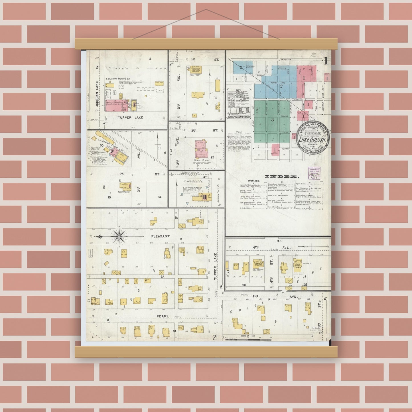 Old map wall art mockup — magnetic wood frame on brick wall — Sanborn Fire Insurance Map from Lake Odessa, Ionia County, Michigan (1904), Sheet #0001